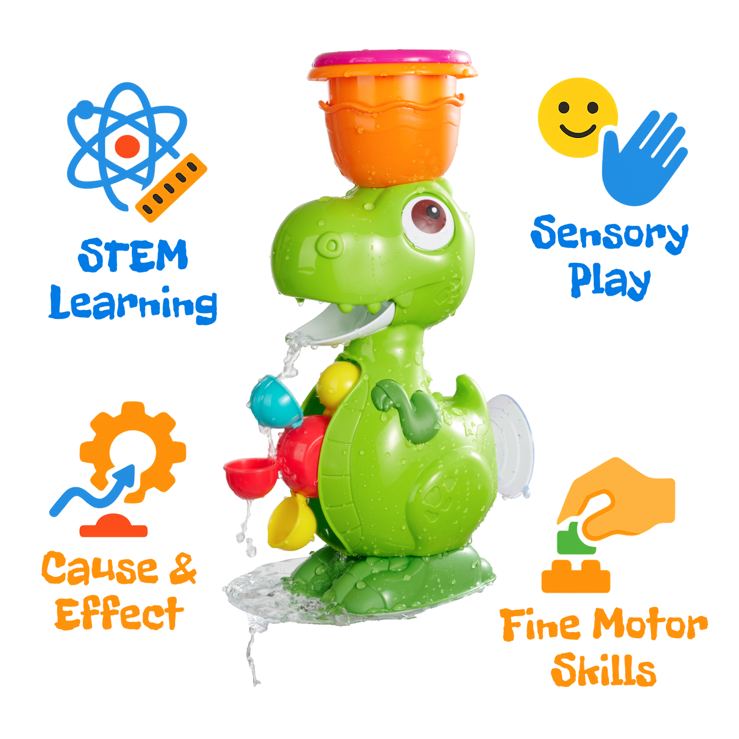Dino Water Play Bath Toy – Interactive Dino with Spinning Wheels & 4 Pouring Cups