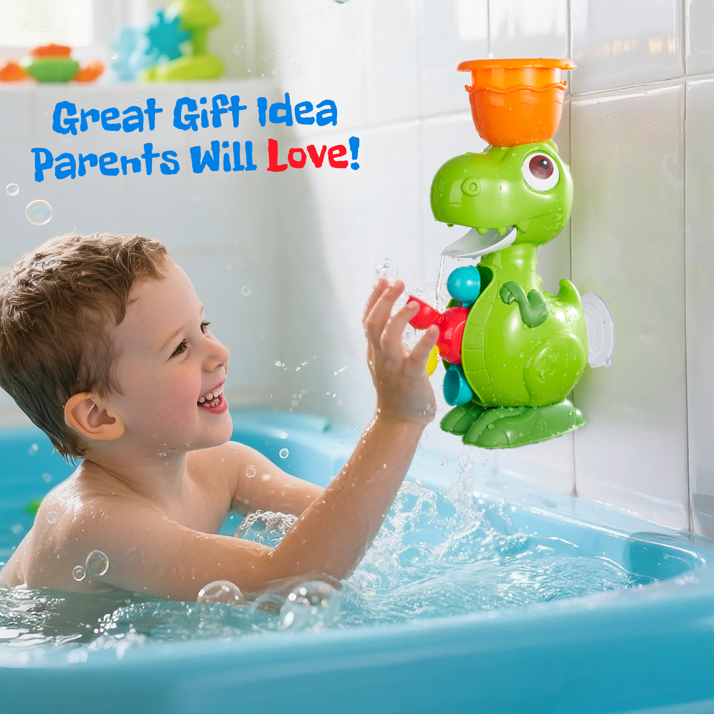Dino Water Play Bath Toy – Interactive Dino with Spinning Wheels & 4 Pouring Cups