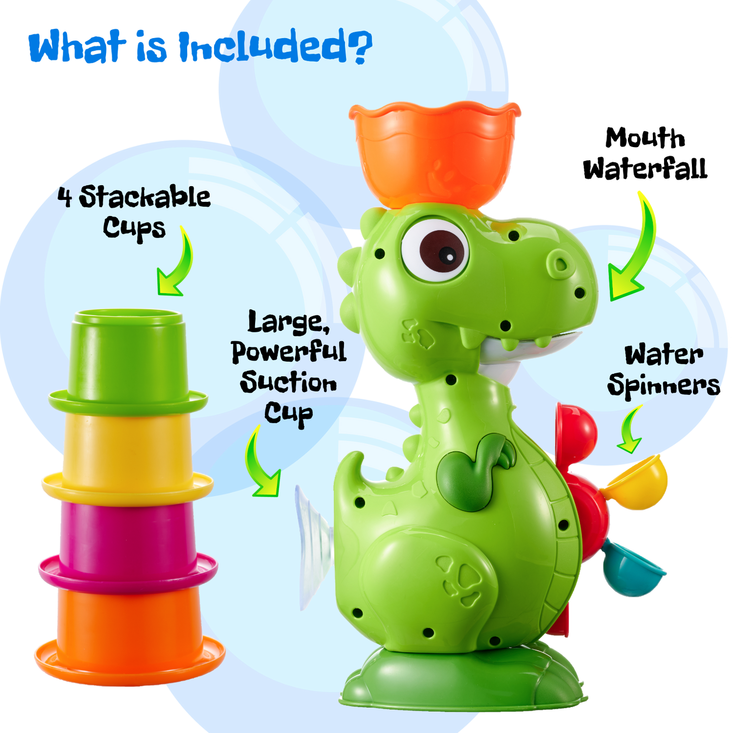 Dino Water Play Bath Toy – Interactive Dino with Spinning Wheels & 4 Pouring Cups