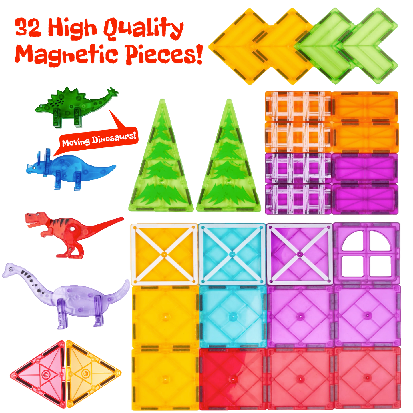 Magnetic Tiles – 32-Piece Dinosaur Building Set for Kids