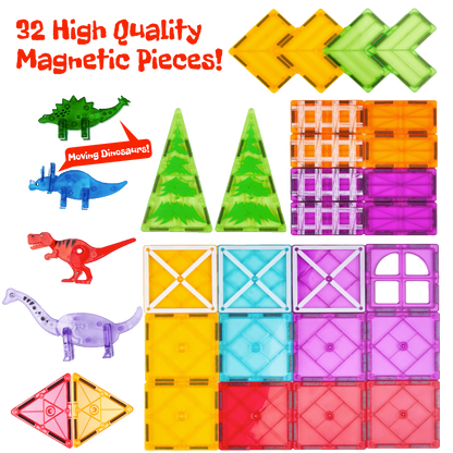 Magnetic Tiles – 32-Piece Dinosaur Building Set for Kids