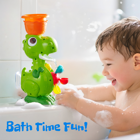 Dino Water Play Bath Toy – Interactive Dino with Spinning Wheels & 4 Pouring Cups