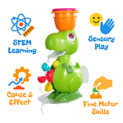 Dino Water Play Bath Toy – Interactive Dino with Spinning Wheels & 4 Pouring Cups