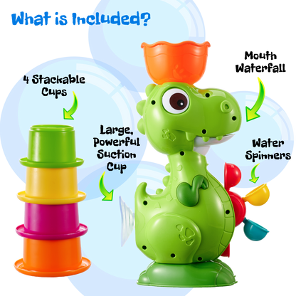 Dino Water Play Bath Toy – Interactive Dino with Spinning Wheels & 4 Pouring Cups