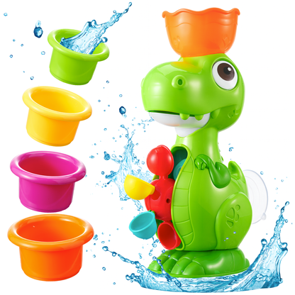 Dino Water Play Bath Toy – Interactive Dino with Spinning Wheels & 4 Pouring Cups