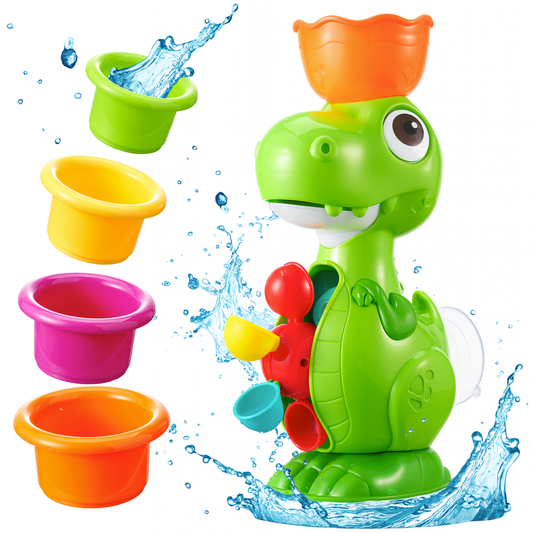 Dino Water Play Bath Toy – Interactive Dino with Spinning Wheels & 4 Pouring Cups